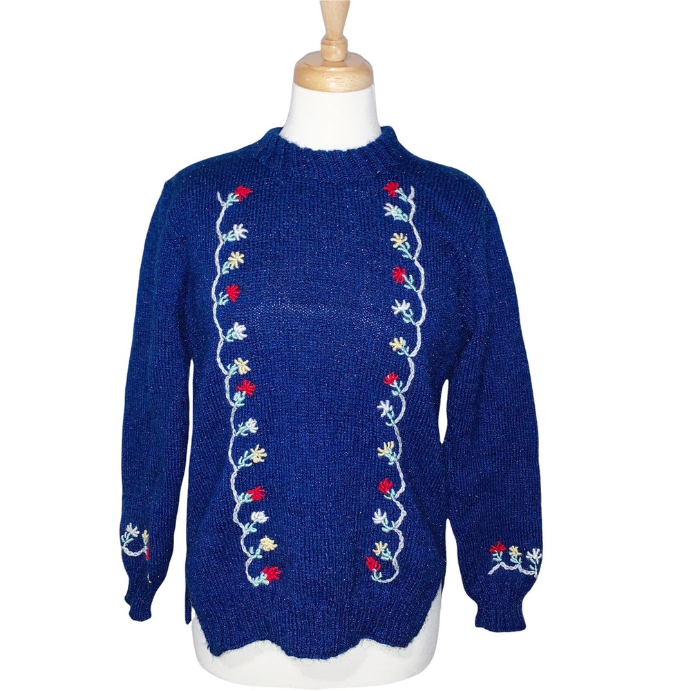Vintage Royal Blue Wool Knit Sweater Flowers Floral Long Sleeve Unbranded